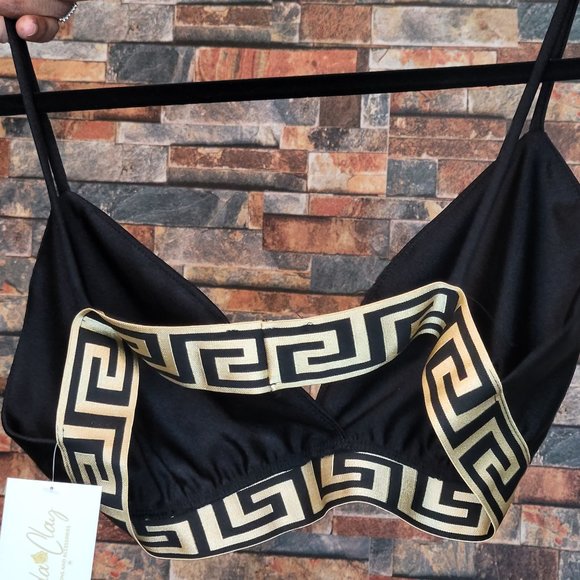 Geo Gold Trim Spaghetti Strap Crop Top Black Bralette - Elevate Your Style - Picture 5 of 9